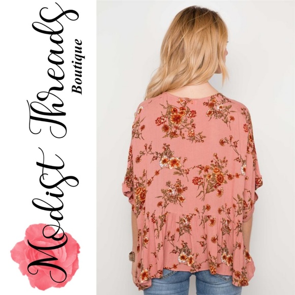 Pink Floral Multi Peach High Low Round Neck Top - Picture 4 of 4